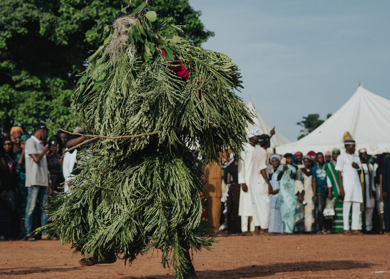 Services A dancer in a leafy costume performing at an outdoor cultural festival with an audience.